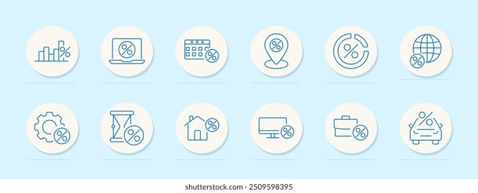 Interest rate set icon. Bar chart, laptop, calendar, location pin, percentage, globe, cogwheel, hourglass, house, monitor, briefcase, car, finance, economy, calculation, investment, banking