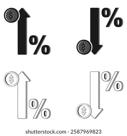 interest rate symbol with dollar coin arrow up and down, vector illustration isolated on white background.