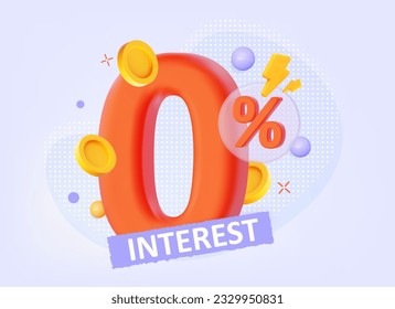 Interest rate, tax or VAT. Close-up with title of zero with flying coins and a percentage sign. 3d poster for social media. 