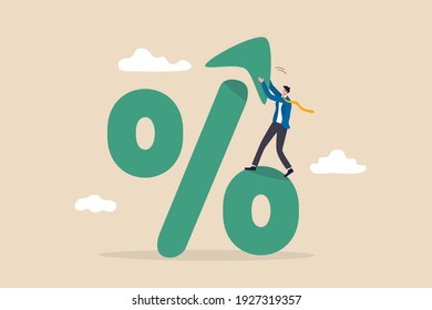 Interest rate, tax or VAT increase, loan and mortgage rate upward trend, investment profit or dividend rising up concept, businessman banker, FED or government put upward arrow on percentage symbol.