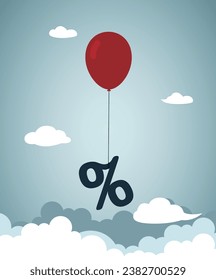 Interest rate, tax or VAT increase, loan and mortgage rate upward trend, investment profit or dividend rising up concept, air balloon tied with percentage symbol flying high rising up in the sky.