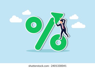 Tasa de interés, aumento de impuestos o IVA, tendencia al alza de la tasa de préstamos e hipotecas, concepto de aumento de beneficios o dividendos de inversión, banquero de negocios, FED o gobierno pusieron una flecha al alza en el símbolo porcentual.