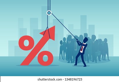 Interest rates, banking and real estate concept. Vector of a businessman pulling up a percentage symbol on a background of corporate crowd of people and cityscape 