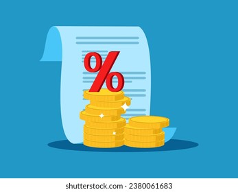 Interest rates. Percentage on a pile of coins and documents