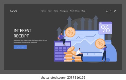 Interest Receipt dark or night mode web, landing. Maximizing earnings through savvy investment interest rates. Strategic financial planning for optimal returns. Flat vector illustration