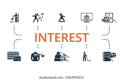 Interest set. Creative icons: fishing, dancing, skateboarding, 3d modeling, painting, philately, tattoo, crocheting, golfing, writing.