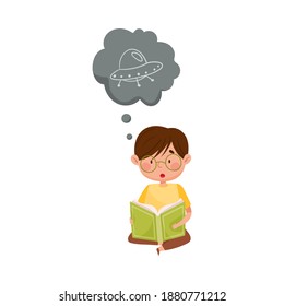 Interested Boy Reading Book and Dreaming about Space Ship Vector Illustration