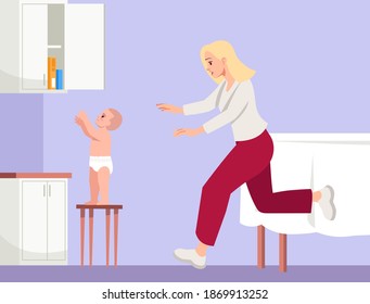 Interested child reaches out for cereal box semi flat vector illustration. Mom runs to help. Accidental childhood injuries. Household accidents 2D chartoon characters for commercial use