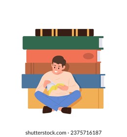 Interesado niño escolar curioso estudiante niño personaje de caricatura plana leyendo sentimiento de inspiración