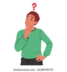 Interested emotional young man cartoon character searching creative answer on question isolated portrait isolated on white background. Guy with thoughtful facial expression vector illustration