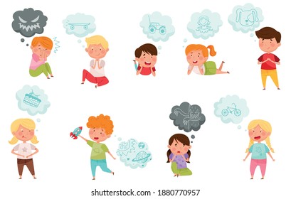 Interested Kids Imagining Pleasant and Spooky Things Vector Set