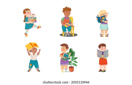 Interested Kids Sitting with Open Book and Reading Vector Set