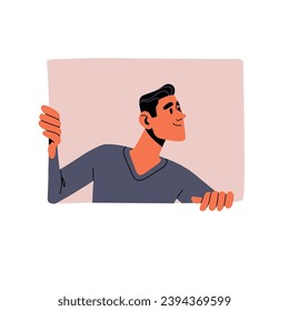 Interested man looking out window. People peeking from behind wall. Character with curious emotions, happy facial expression. Curiosity flat isolated vector illustration on white background