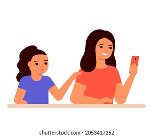 Interested mother using in smartphone and ignore child girl. Sad daughter asks for attention to herself. Vector illustration