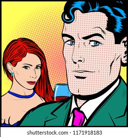 Interested Pleasant Woman Looking At Her Friend. Confident Man picking up woman in bar. Pickup artist harassing women. Comic Book vector retro vintage Pop Art illustration