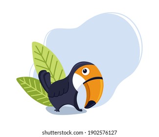 Interessanter Toucan mit abstraktem, blauem Hintergrund, grünen Blättern, Kopienraum. Cartoon-Charakter, lustiger Vogel. Tropischer Papagei mit großem Schnabel. Einzelne Vektorgrafik für Sommerangebot, Banner, Poster