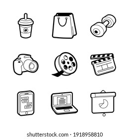 Interest-hobby vector icons in black style designed for sticker, t-shirt, kids and other needs