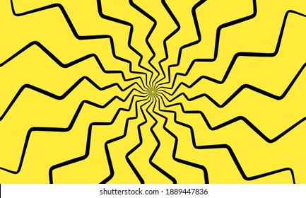 Interesting abstract background with zigzag black lines winding and twisting inwards on a bright yellow background. The dynamic movement effect creates a sense of energy and a hypnotic visual optical 
