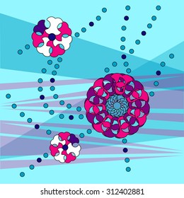 Interesting abstract flowers with circles in blue tones