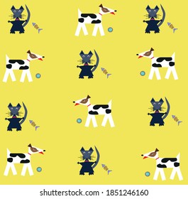 interesting animals dog with a ball and a mouse with a fish
