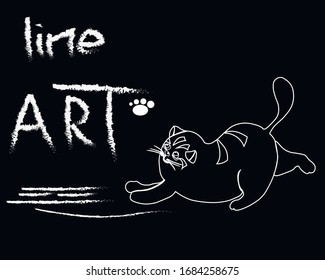 
Interesting background with a cat stretching and grabbing a leaf and the inscription LINE ART, cute vector illustration in black and white,for cards, business cards, prints on clothes, signage design