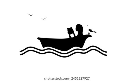 interesting book, Woman in Bath in the Ocean reading book, black isolated silhouette