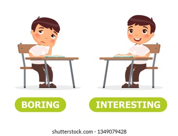 INTERESTING and BORING antonyms word card vector template. Flashcard for english language learning. Opposites concept. Little asian schoolboy listens with interest to the lesson, child is bored. Illus