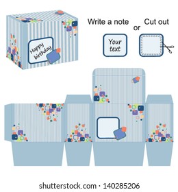 Interesting box template. Vector illustration with stripes and colorful bubbles.