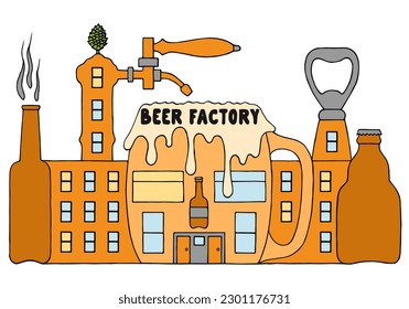 Interesting brewery in doodle style. Beer production. Beer industry. Freehand drawing. Doodle. Hand Drawn. Outline.