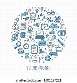 Interesting business icons in doodle style drawn in notebook. Vector Illustration can be used in education, bank, finance, marketing and other business areas.
