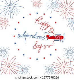 Interesting composition with flying airplane, fireworks and blue red stars around airplane and letters drawn for card design.