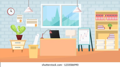 Interesting design in office space for employees, rent and sale of office. Full ad banner, poster, web. modern interior. Vector cartoon image