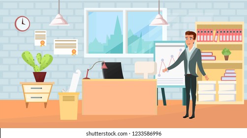 Interesting design in office space for employees, rent and sale of office. Office worker sits and shows on the board with graphs. modern office interior. Vector cartoon image