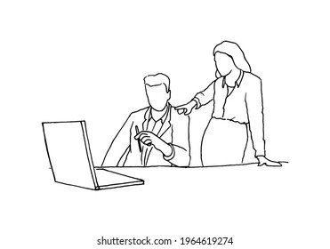 An interesting discussion between two employees of a company, at a desk, with a laptop, pen in hand, and pointing to a monitor. vector draw graphic design illustration sketch