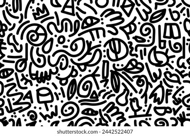 interesting doodle art, black and white outlines. Seamless vector pattern for design and decoration.