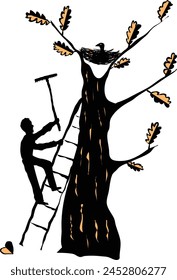 Interesting drawing of an old man climbing a tree to a crow's nest with a rake in his hands. ,take care of nature, man, don't be so stubborn Vector illustration of human insensitivity and repulsion of