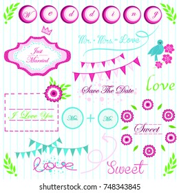 Interesting elements for wedding invitations with flags, bright inscriptions, illustrations of flowers, birds and interesting vector frames