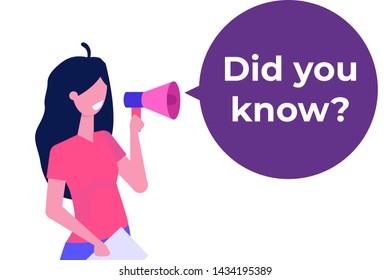 Interesting fact concept. Woman holding megaphone. Did you know?