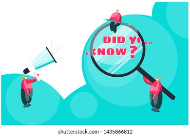 Interesting fact searching concept. Vector illustration a group of people holding loudspeaker and a magnifying glass to explain interesting facts of commercial product, Marketing and advertising tag.