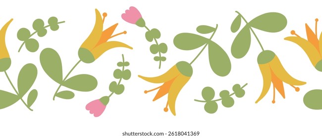 Interesting floral seamless border. Spring leaves and flowers.