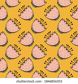 Interesting flower, seamless pattern on yellow background.