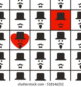 Interesting geometric pattern for men on a white background. Men's faces in the squares and red hurt. Background for gentlemen.