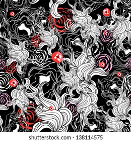 interesting graphic floral seamless pattern on black background