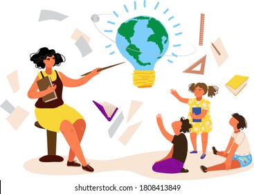 Interesting idea, people certain profession, teacher conducts training at school, cartoon vector illustration, isolated on white. Seminar for children, woman professor discussing class with teenagers.