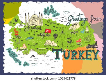 Interesting Map of Turkey. Postcard concept with the most interesting place for visit.