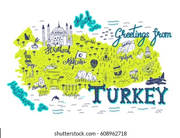 Interesting Map of Turkey. Postcard concept with the most interesting place for visit.

