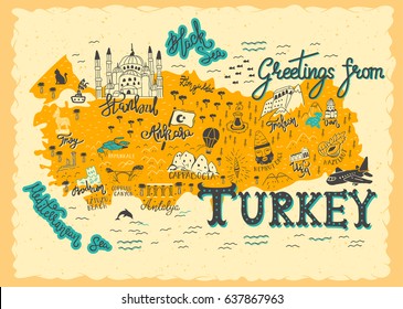 Interesting Map of Turkey. Postcard concept with the most interesting place for visit.

