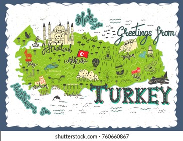 Interesting Map of Turkey. Postcard concept with the most interesting place for visit.