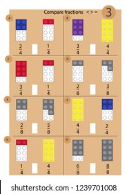 Interesting math Puzzle. Simple explanation of Comparing Fractions theme using blocks. Mathematical Worksheet. Educational Game. Vector illustration.