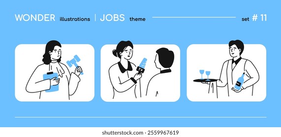 Interesting modern professions and jobs - line design style illustration